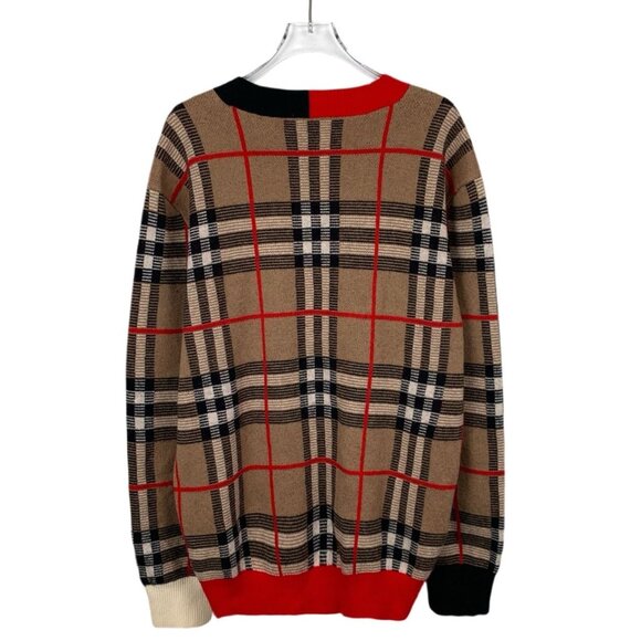Burberry Brown Checkered Patchwork Wool Sweater With Red & Black Accents V-Neck - Picture 6 of 6